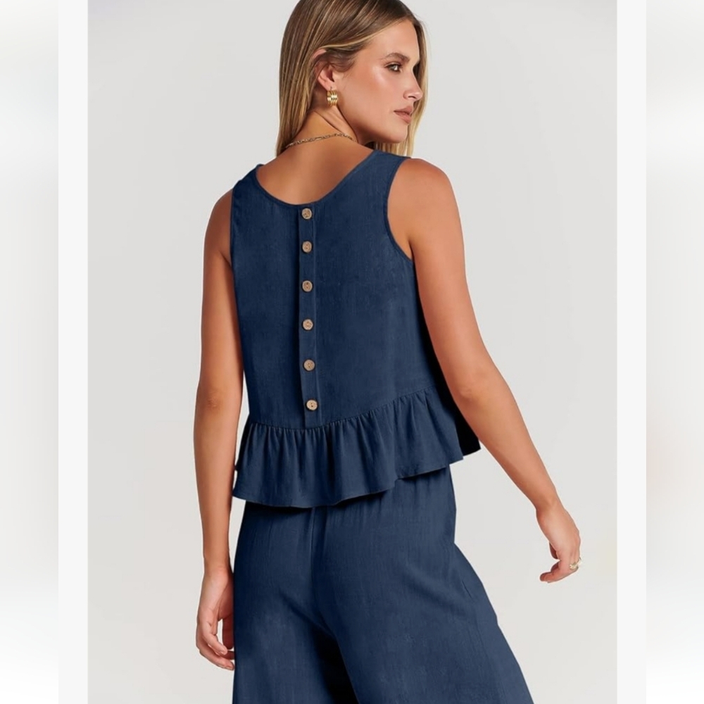 ANRABESS 2 Piece Outfits Sleeveless Tank Crop Top Wide Leg Pants, XXL, Deep Navy - Picture 4 of 9